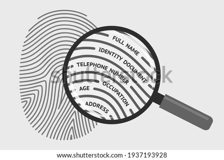 Fingerprint and magnifying glass with personal information. Concept of identification of person, getting personal data and information using fingerprint, biometrics control system Royalty-Free Stock Photo #1937193928