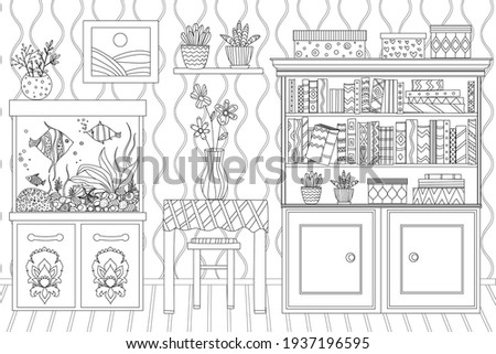 room with flowers on tables and a shelf, a bookcase, a aquarium with fishes and seaweeds on a cabinet and a picture in frame on wall for your coloring book