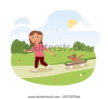 Little cute girl is driving a dog on a skateboard in park. Happy child is having fun with domestic animal outdoors. Concept of outdoor activity on a sunny summer day. Flat cartoon vector illustration