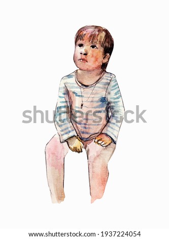 Watercolor colorful illustration of a baby looking up.