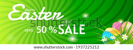 Happy easter sale banner with eggs, flower, grass on green sunburst. 50% sale
