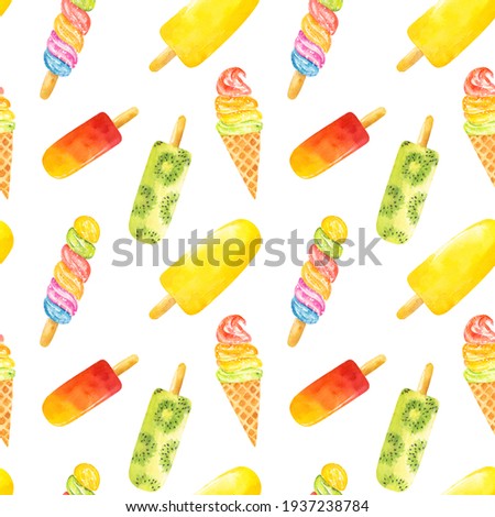 Seamless pattern with watercolor ice cream isolated on white background. Hand drawn watercolor illustration.