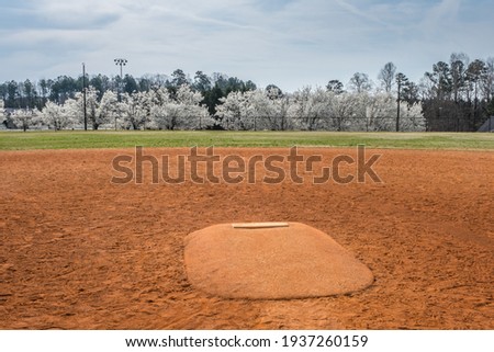 Standing in front of a pitchers mound looking towards the outfield with white flowering trees in the background behind the baseball field on a overcast spring day