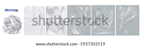 Crumpled paper, white paper, transparent plastic film. 3d realistic vector texture Royalty-Free Stock Photo #1937302519