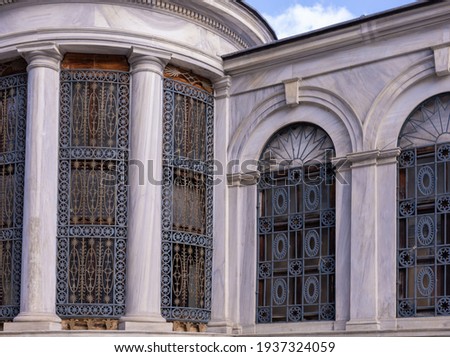 Background for design, texture Walls and windows of antique houses. On the streets in Istanbul, public places.