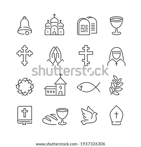 Christianity related icons: thin vector icon set, black and white kit Royalty-Free Stock Photo #1937326306