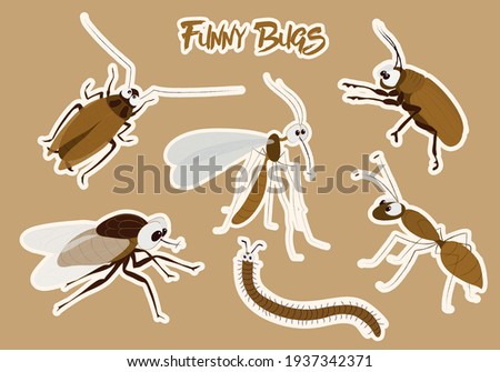funny bugs vector illustration set. Mosquito, fly, cockroach, emmet, ant, pismire, centipede, beetle stickers. Children science education. Cute cartoon comic creatures Clipart sketch. Housefly drawing