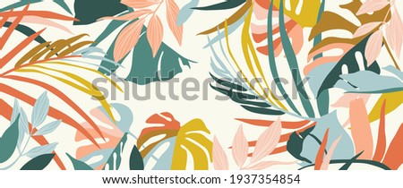 Abstract art nature background vector. Modern shape line art wallpaper. Boho foliage botanical tropical leaves and floral pattern design for summer sale banner , wall art, prints and fabrics. Royalty-Free Stock Photo #1937354854