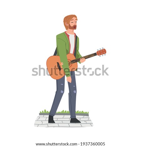 Street Male Musician Playing Acoustic Guitar, Live Performance Concept Cartoon Style Vector Illustration