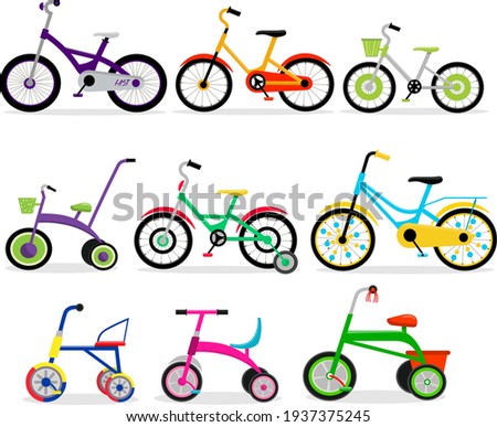 Set of kids bicycles and tricycles in flat. Bike icon. Vector illustration.
