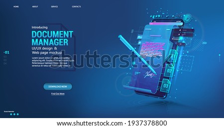 Document manager - Mobile Phone App for business. Signing a contract or agreement online. Digital signature concept using a pen on a phone or tablet display. E-signature and high level of protection Royalty-Free Stock Photo #1937378800