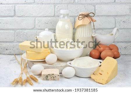 Assortment of fresh dairy products, healthy breakfast with ingredients, natural nutrition concept, maintaining healthy intestinal microflora, diet food, rustic table, Royalty-Free Stock Photo #1937381185