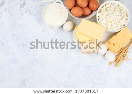 Assortment of fresh dairy products, healthy breakfast with ingredients, natural nutrition concept, maintaining healthy intestinal microflora, top view, rustic table, Royalty-Free Stock Photo #1937381317
