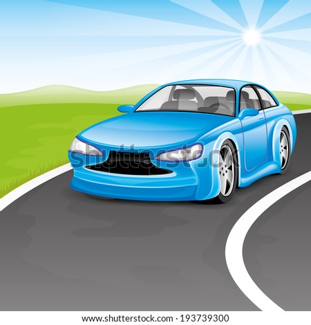 Vector illustration. Blue car on the road.