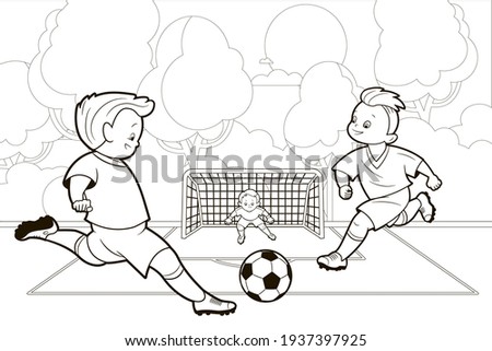 Coloring book; two teenage boys play a soccer ball on the background of a football field. Vector illustration in cartoon style, black and white line art