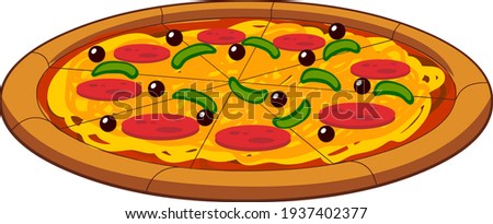 Cartoon Whole Pepperoni Pizza With Peppers. Vector Hand Drawn Illustration Isolated On Transparent Background
