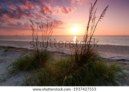 Sunset at Jekyll Island. Jekyll is located off the coast of the U.S. state of Georgia, in Glynn County. It is one of the Sea Islands and one of the Golden Isles of Georgia barrier islands. Royalty-Free Stock Photo #1937427553