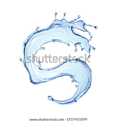 3d render, blue water jet, wavy splash clip art isolated on white background. Twisted liquid shape, splashing wave