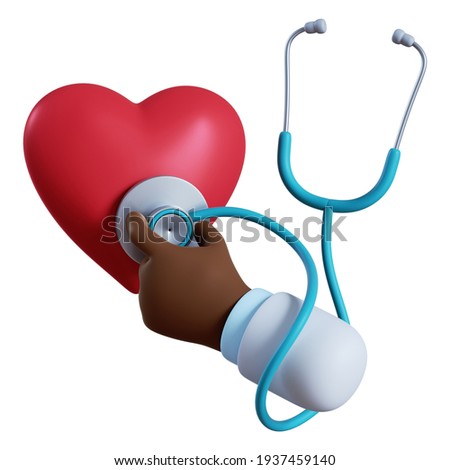 3d render. Doctor cartoon hand with stethoscope listens to the heart icon. Medical healthcare illustration. Cardiology clip art isolated on white background