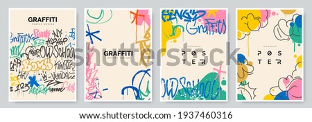 Abstract graffiti poster with colorful tags, paint splashes, scribbles and throw up pieces. Street art background collection. Artistic covers set in hand drawn graffiti style. Vector illustration Royalty-Free Stock Photo #1937460316