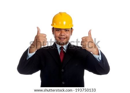 Asian engineer man show thumbs up with both hand  isolated on white background
