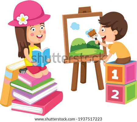 Rest and hobby of children painting and  reading book vector