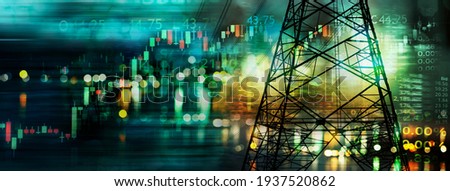 market stock graph and information with city light and electricity and energy facility industry and business banner background Royalty-Free Stock Photo #1937520862