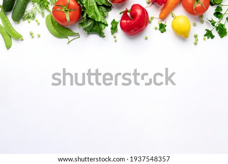 Healthy food vegetarian food background. Set of fresh vegetables and fruits on white background top view