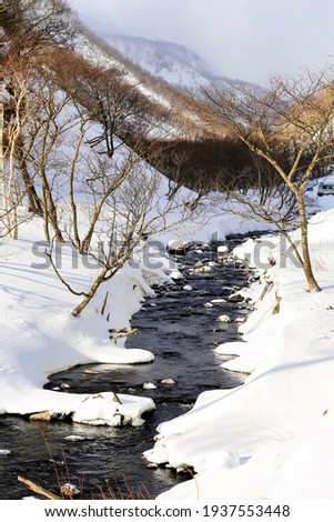 Trekking during cold winter, stream flowing through thick snow