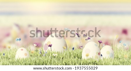 Holiday background with wild flowers and easter eggs in grass; selective focus. Retro film filter, vintage stylization