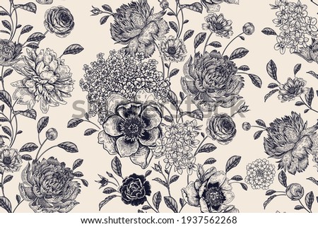 Floral seamless pattern Flowers roses, peonies, hydrangea. Handmade graphics. Black white. Victorian style. Vector illustration. Textiles, paper, wallpaper decoration. Vintage background. Flower cover Royalty-Free Stock Photo #1937562268