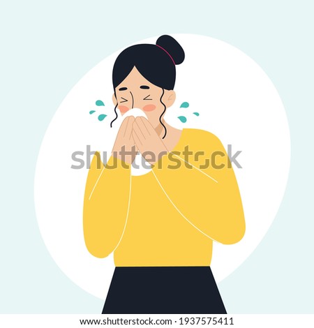 The sick woman has a runny nose, sneezing. The concept of sick people, fever, colds and viral diseases, coronaviras, covid. Illustration in flat style Royalty-Free Stock Photo #1937575411