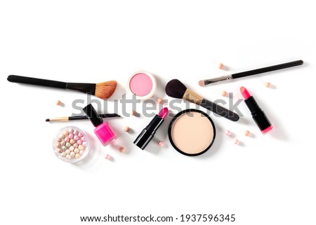 Makeup tools, shot from the top on a white background with a place for text