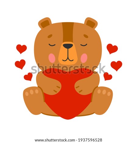 Vector illustration of cute cartoon brown teddy bear character with red hearts for love and relationship concept design