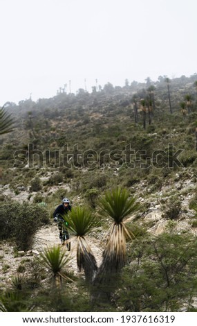 young man with gray helmet and black sports shirt, on mountain bike in the middle of natural landscape in the middle of arid land in mountains of mexico