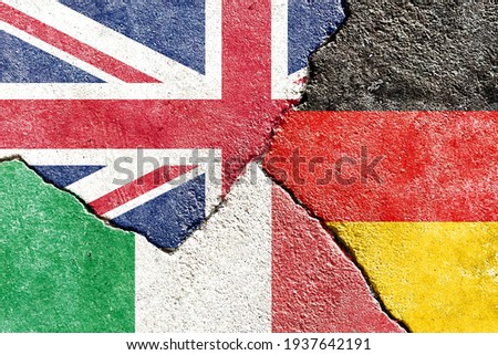 UK VS Germany VS Italy national flags icon on broken weathered wall with cracks, abstract international country political economic relationship conflicts pattern texture background wallpaper