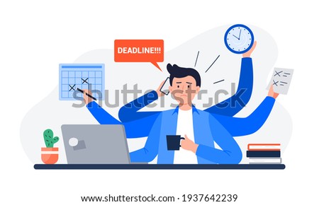 A Tired Man Missing Deadline. An Office Worker Overwhelmed by Work, Reports, and Calls. Vector Flat Illustration. Royalty-Free Stock Photo #1937642239