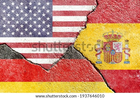 USA VS Spain VS Germany national flags icon on broken weathered wall with cracks, abstract international country political economic relationship conflicts pattern texture background wallpaper