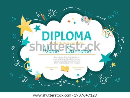 Colorful school and preschool diploma certificate for kids and children in kindergarten or primary grades with school pack, kit on green chalkboard background. Vector cartoon flat illustration