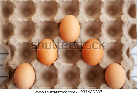 A few brown eggs among the empty cells of a large cardboard bag, a chicken egg as a valuable nutritious product, a tray for carrying and storing fragile eggs