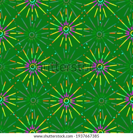 Seamless pattern, Colorful stars, sparks on a green background close-up