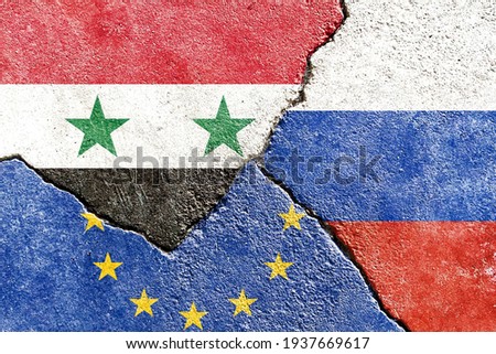 Syria VS EU VS Russia national flags icon on broken weathered cracked wall background, abstract international country political economic relationship conflicts concept pattern texture wallpaper
