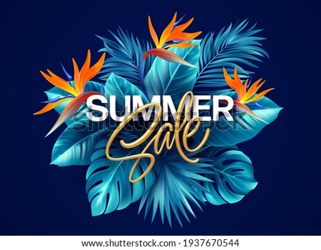 Summer tropical background with Strelitzia flowers and tropical leaves. The inscription golden Summer Sale on a background of tropical green leaves. Summer Sale concept. Vector illustration EPS10 Royalty-Free Stock Photo #1937670544