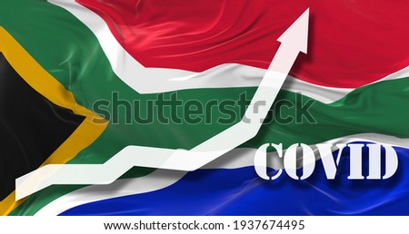 Increase of Covid-19 infected cases. growing graph of coronavirus numbers of infections in South Africa agaist the national flag. New wave. 3d illustration