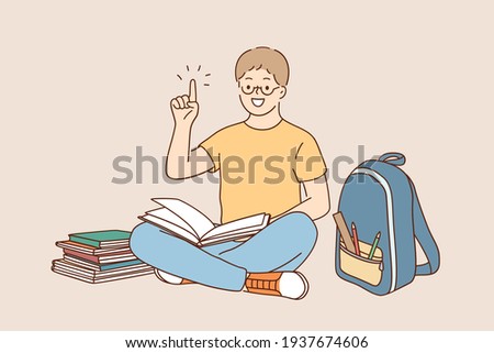 Back to school, education, learning concept. Little happy boy in glasses doing homework at home with backpack full of books and pencils vector illustration  Royalty-Free Stock Photo #1937674606