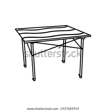Folding table camping furniture outline vector. Travel portable table for outdoor, fishing, hiking doodle. Collapsible table, picnic time on the beach illustration. 