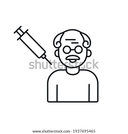Coronavirus vaccination linear icon with old man and syringe. Medicine and health care concept. Thin line customizable illustration. Vector isolated outline drawing. Editable stroke Royalty-Free Stock Photo #1937695465
