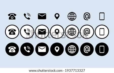 Contact us icon set. Communication symbol for your web site design, logo, app, UI. Contact us button. Mail, phone, globe, address, com, email. Vector EPS10. Isolated on background