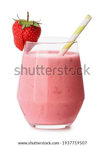 Glass of tasty strawberry smoothie on white background Royalty-Free Stock Photo #1937719507