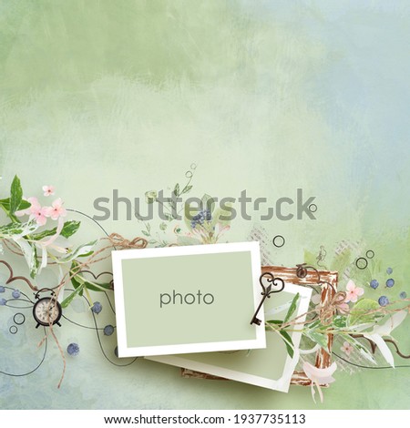 Spring scrapbook frame for photo with tender roses on green background. Spring blossom mood. Decorative frame in scrapbook style with rose flowers. Romantic theme. Spring, summer and flowers theme